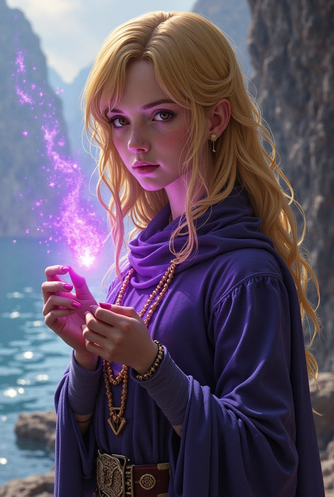 Realistic portrait of a magician girl from Baldur's Gate 3, shoulder length, yellow hair, brown eyes, the magical aura is purple and it stands with other characters from this game and looks out to the sea, detailed textures, fantasy art, 8K
