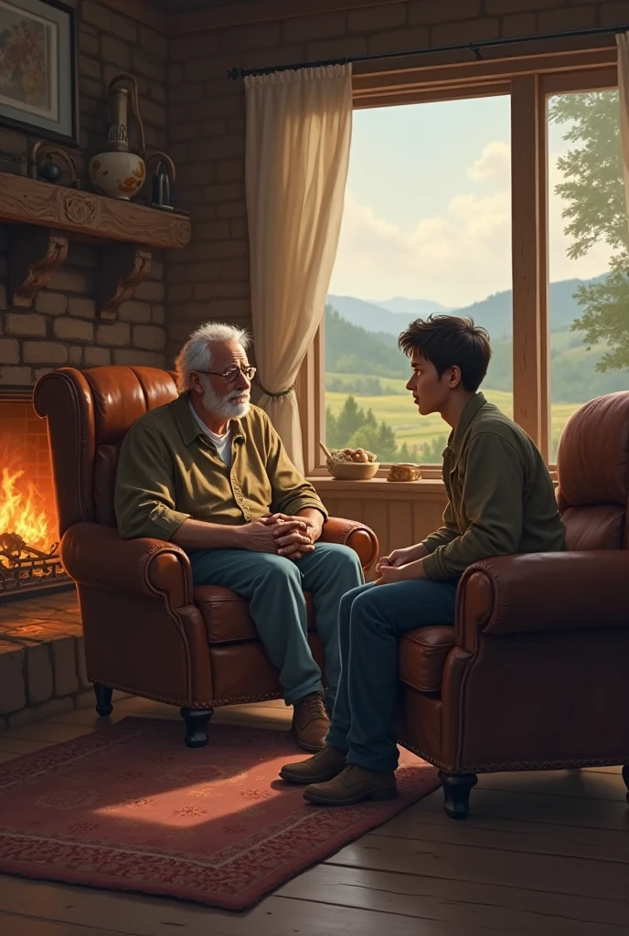 A man and a father are sitting chatting in the living room in a rural setting
