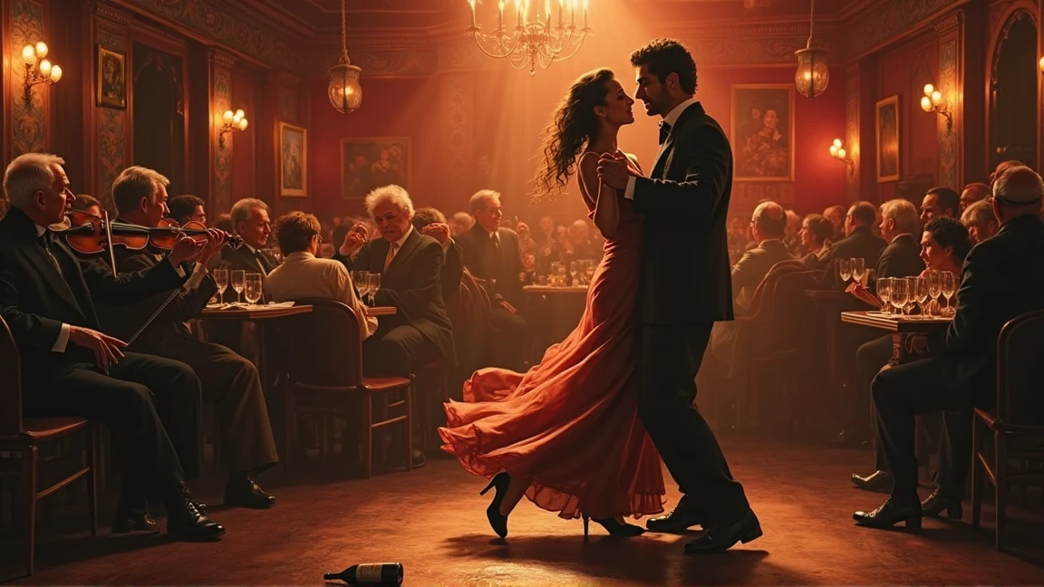 old tango bar in Buenos Aires
「on the El Vino stage、the moment Marco and young Elena dance tango。a bottle of wine rolls under Marco's feet、Three old customers wipe away their tears。the two violinists play passionate sounds、1 waiter carries wine、1 female customer points to Elena's illusion。red and gold lights intersect on a dark background、where memory and reality mix。」
