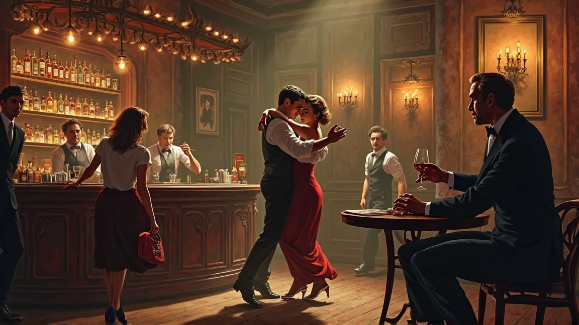 old tango bar in Buenos Aires「2 old dancers dance on stage in front of the El Vino counter、Marco tilts his wine glass。2 bartenders move busily behind、and {x} 3 guests shake their bodies to the rhythm of tango。oung woman approaches Marco、2 old dancers dance on stage、1 man stares at Elena's portrait。Wine stains spread across the wall、and nostalgic air。」