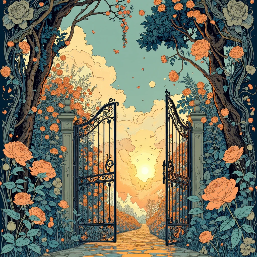 A romantic and mystical silhouette illustration in the style of intricate paper cut art.
A delicately detailed Art Nouveau-style wrought iron gate, partially open, standing alone on a plain path.
The scene is framed with ornate floral Art Nouveau borders, with elegant curves and natural motifs like vines, lilies, and roses.
Beyond the open gate, a vibrant rose garden glows with soft, radiant light, filled with blooming flowers and lush foliage.
The entire composition is crafted in a high-brightness, richly colored aesthetic — bright golds, soft pinks, greens, and luminous whites.
The silhouette style is sharp and layered like fine cut-paper, while the background glows with gentle, ethereal gradients.
No human figures.
The tone is poetic, symbolic, romantic, and subtly surreal.