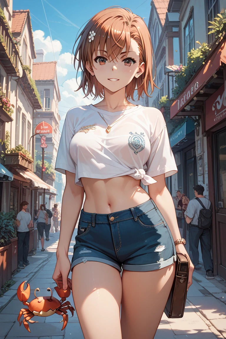 ((alone)), city, street, ((white shirt)), wet shirt, ((blush:1.2)), embarrassing, (raise your chin), 1 girl, hairpin, huge breasts, denim shorts, ((shorts that cut into the crotch)), ((long and thin legs)), ((thin waist)), thick thighs, cowboy shot, Close your legs, Beautiful woman, adult woman, sexy, (raise your arms), cute face, cute reaction
