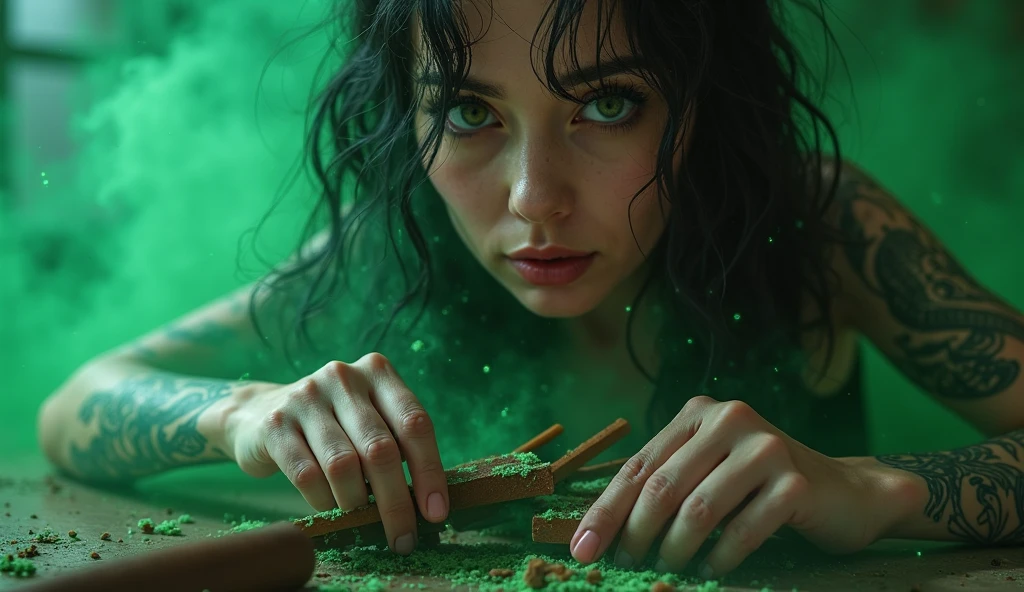 Close up in the hand sexy woman, tatuagem, Picking up broken guitar on the floor in pieces drum stick that fell to the floor, green energy,  green smoke , alma verde, 8k
