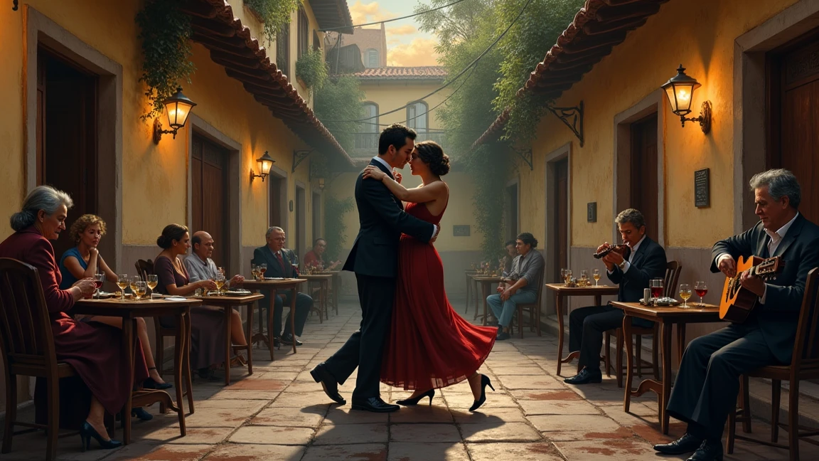old tango bar in Buenos Aires「バーの中庭で、Marco dances tango alone。4 guests surround him with wine glasses in the bar's courtyard、2 ren peek out with curiosity。1 woman humps Elena's song、an old man plays the violin。wine stains spread on the ground、moonlight highlights melancholy in the bar courtyard。」