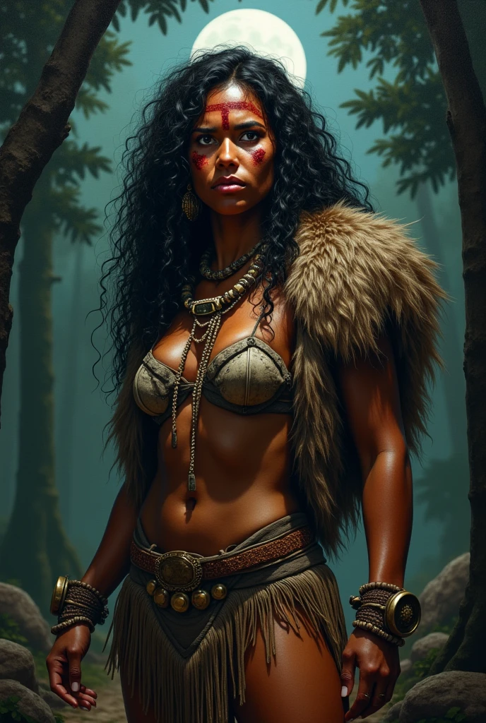 A fierce and proud indigenous woman from 1970s rural Brazil, standing in a forest clearing under moonlight. She has wild dark curly hair, piercing amber eyes, and wears common clothes and animal pelts around your shoulders, bone jewelry, and war paint in red ochre. Her expression is intense and commanding. Her body is muscular, her posture is alert, like a predator guarding sacred ground. The style is a dark fantasy painting, high detail.