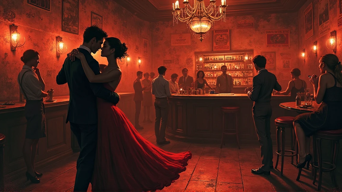 ブエノスアイレスの古いタンゴバー「タンゴバーの喧騒の中、マルコがエレナの幻を抱き寄せる。2人のダンサーが情熱的に踊り、3人の客がワインで乾杯。1人のバーテンダーが微笑み、2人の若者がタンゴを学び、1人の女性がエレナのドレスのスケッチを描く。赤と黒の色調で、欲望と過去が交錯する。」
