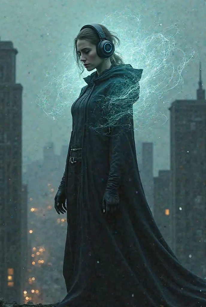 a character dressed in dark colors with headphones that send out waves around her. She stands on a rooftop in Gotham, with sound waves visible in the air-creating a mysterious vibe.