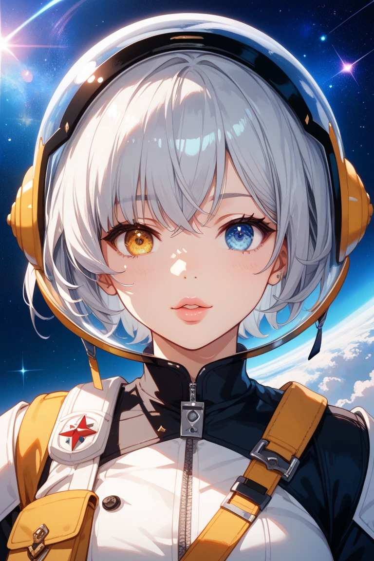 close up of a better masterpiece：1.5)0.pace and astronauts：1.2) (Disheveled silver hair：1.1) (Heterochromia and Yellow and Blue Eyes：1.2) (space helmet：1.0) (Colored stars in the eyes：1.0) (Shining Light：1.1) (thick lips with Nozomi：0.9)