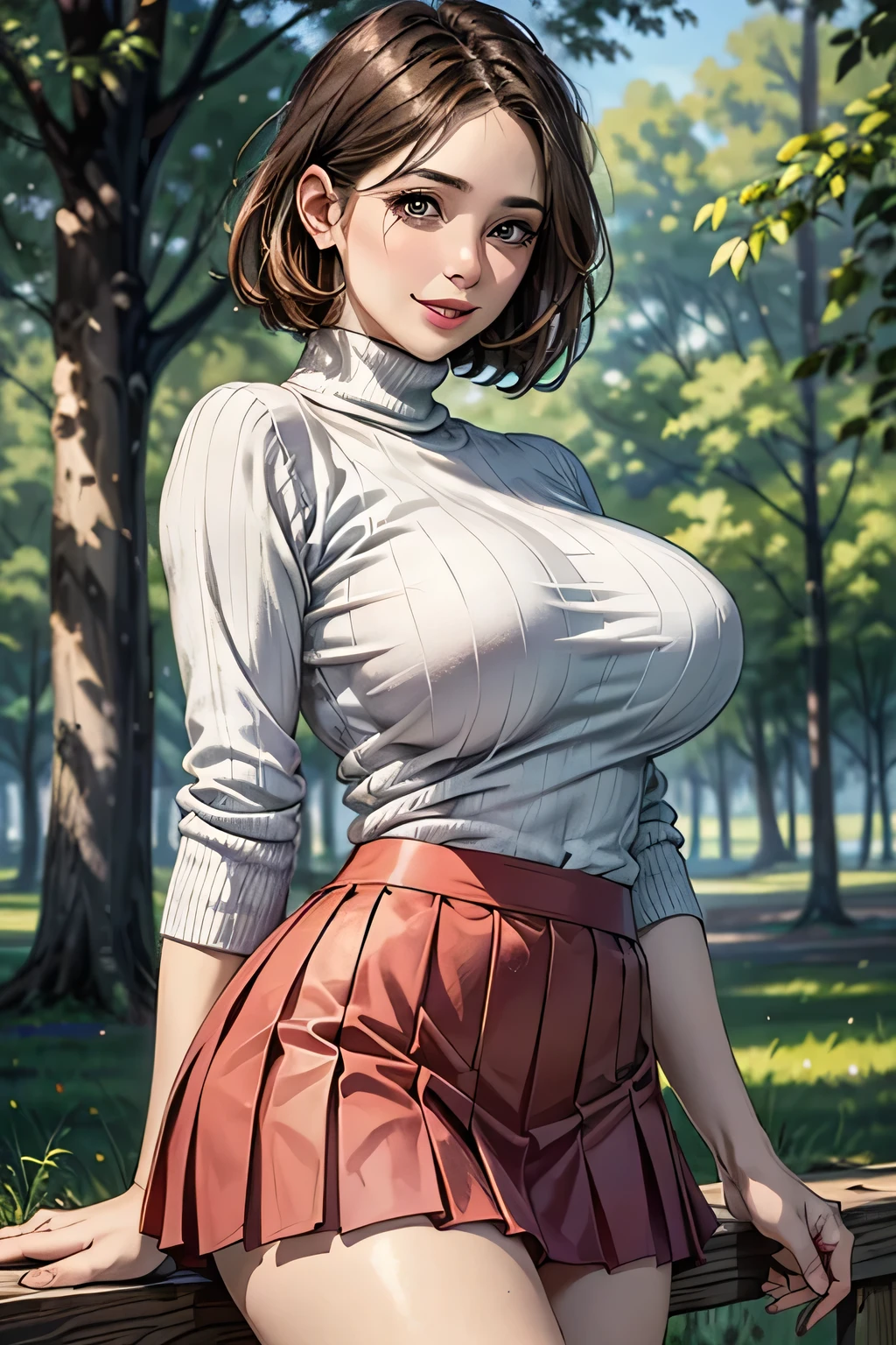 ((1. Ultimate beautiful woman )), mature, beautiful face, brown eyes, double eyelids, long eyelashes, ((Big Breasts)), grin, chaming gaze, bob hair , (pink turtleneck sweater, light brown short pleated skirt), thigh, (background: There are many trees in the park), accessory, ((cowboy shot)), (writing depth), ((masterpiece)), (( Top Quality)), realistic , 16K HD, very thorough, realistic lighting