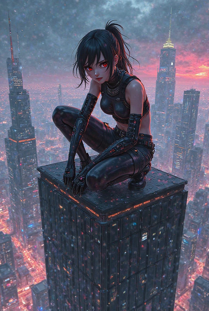 Make a cyberpunk-style girl do it anime-style do her on the tip of a building squatting with a bulky body 