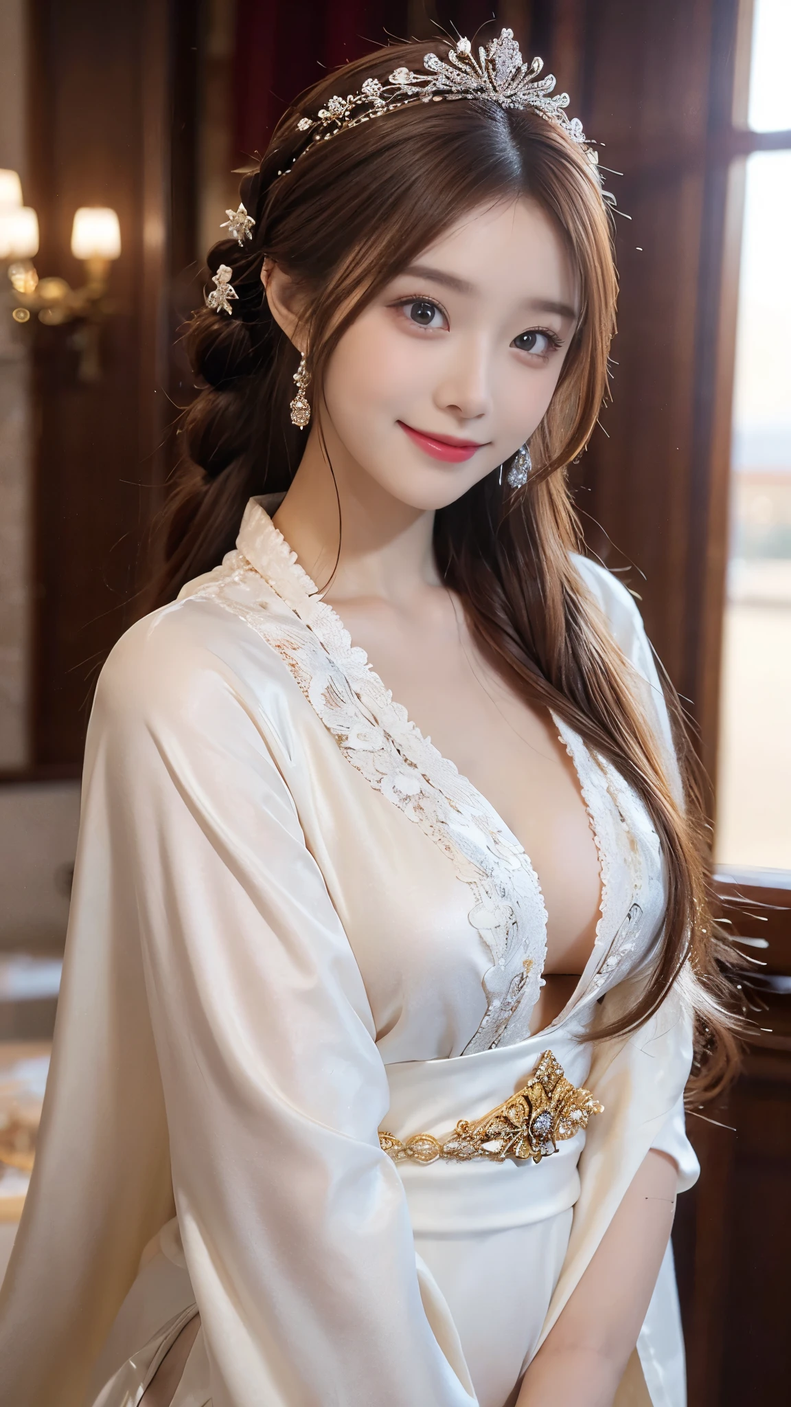 masterpiece, Highest quality, Realistic, Very detailed, Finer details, High resolution, 8k wallpaper, One beautiful woman, Dressed in a lovely white and gold elegant velvet bunny girl outfit, wearing the garterbelt, In a great hotel room, At night, Light brown messy hair, Perfect dynamic composition, Beautiful and beautiful eyes、Large Breasts、Big earrings、(((On the bed, on all fours)))、((Spread your legs))、((I can see your pants))、(((Nipples sticking out)))、whole body