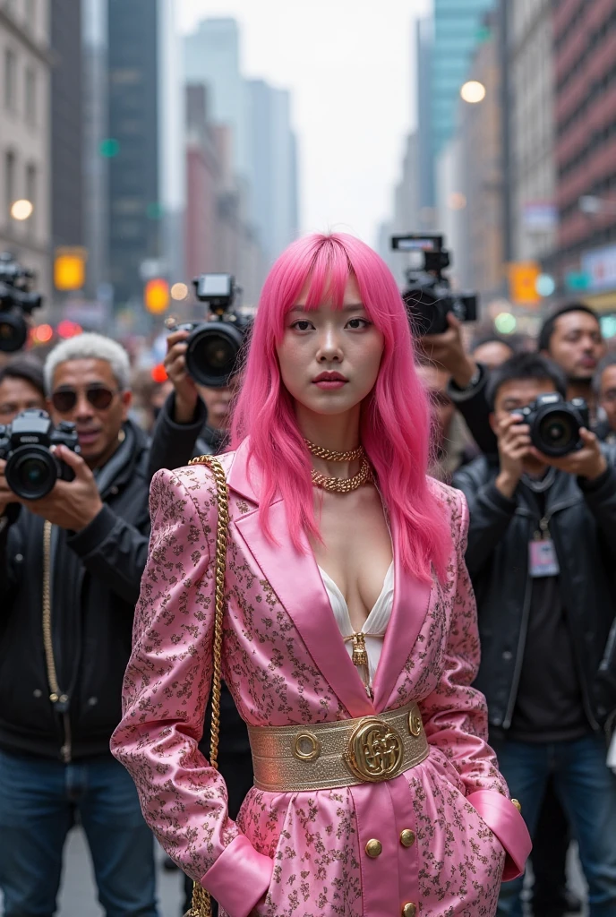 A hyper-realistic extreme close up shot of a beautiful 27 year old Scandinavian Japanese woman walks down a neo classical interior corridor, snatching away a whiskey glass of alcoholic drink from another person, with her left hand as she walks by, with a nonchalant yet innocent expression, exhibiting attitude. She has full lips, slightly upturned almond-shaped eyes with a soft hazel-brown hue, and natural, feathery eyebrows. Her skin is flawless with a subtle dewy glow, and a touch of warm blush across her cheeks and nose. She has long, wavy, pink long hair, tied back to a straight ponytail, with loose strands framing her face. She wears a stylish black leather jacket, with a black bra inside. 

The other person looks disgruntled and surprised as his drink was snatched away, his hand still raised awkwardly. He is wearing a half masquerade mask and a blue tuxedo suit. 

The setting is night time in a grand, lit hallway of a neoclassical building, with tall windows and light casting long shadows. The hallway have few people in groups of two or three, wearing socialite attires, and masquerade masks, socialising with each other, and the lamps at the corridor radiates warm light, lighting up the corridor softly

Camera view: Extreme close up shot, slightly off-center (tracking left side), eye-level angle. Depth of field keeps both characters sharply in focus, while the hallway in the background gradually blurs. The lighting is warm and natural, enhancing the richness of their outfits and hair tones. The image should feel like a movie still—elegant, dangerous, and slightly surreal.