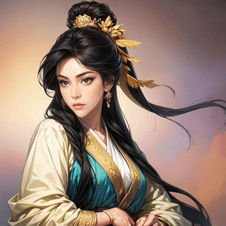 (( Long release hairstyle )), Three ????? period paintings  , Female solo ,  Beautiful young woman ,  meme,  , (  black hair ),   set her eyes straight , Varied forms of facial expression,amazing background ,  Blurred image ,(((1 woman ))) ,Portrait from waist to head