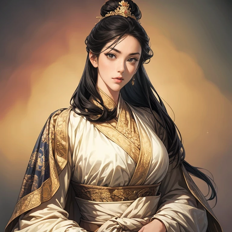 (( Long release hairstyle )), Three cocks period paintings  , Female solo ,  Beautiful young woman ,  meme,  , (  black hair ),   set her eyes straight , Varied forms of facial expression,amazing background ,  Blurred image ,(((1 woman ))) ,Portrait from waist to head