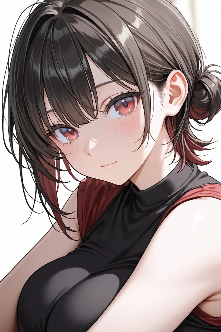 (anime style),masterpiece, best quality, extremely detailed,tanned skin,dark skin Beautiful body,BREAK,multicolored colorful hair,short hair,twin braids,BREAK,black eyes,happy smile,shy,eyebrow,smug,open mouth,eyes widen,sensual face,smile face,detailed lips,False eyelashes,BREAK,cotton red big ribbon,BREAK, black tank top,microskirt,break,head tilt,lovers picture,Luxury pool