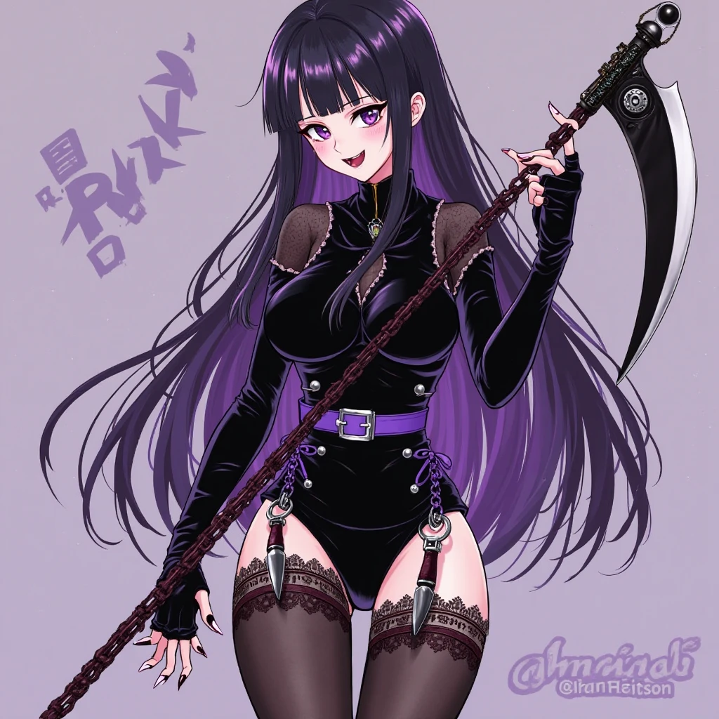 best quality, (masterpiece),(ultra-detailed), (high quality), (high resolution), <lora:CultistChan:0.7>,1girl, against wall, axe, belt, belt buckle, black thighhighs, breasts, checkered background, choker, cleavage, cultist chan, gloves, jewelry, large breasts, medium breasts, navel, neck bell, o-ring, open mouth, red eyes, purple eyes, hair, scar, sharp teeth, skull, smile, strapless, striped, tattoo, thighhighs, tube top, underwear,lig