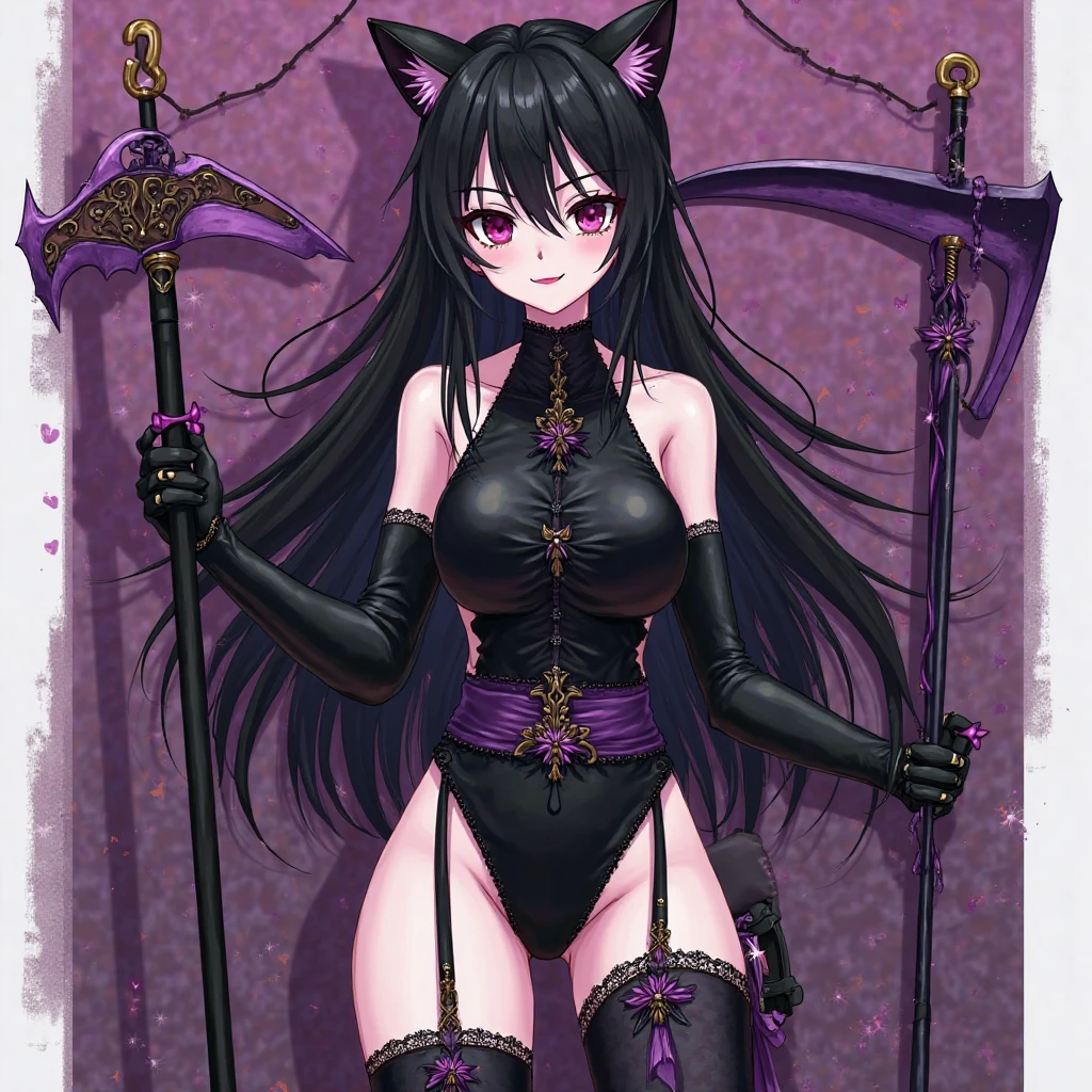masterpiece, highres, best quality, 1girl, solo, masterpiece, best quality, Ray tracing, hdr, volumetric lighting, <lora:more_details:0.3> <lora:add_detail:0.5>,
<lora:totless_v5:1>, totless, catgirl, heterochromia, long hair, dark purple hair,
totlessoutfittwo, black dress, detached sleeves, ponytail, onepiece, skirt, long boots, animal ear fluff, buckles
hair ornament, skull hair ornament, skull ornament:0.5,
spiky collar, bell, jingle bell, neck bell, spiked collar,
((Bending down to touch a plant or flower, showing care and connection with nature., Fairy tale-inspired cottage in a secluded forest glade))
