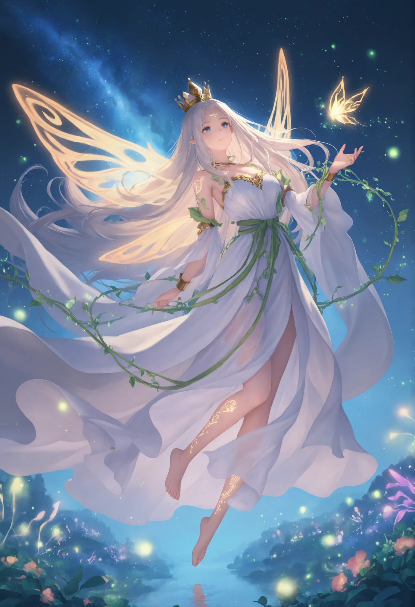 1girl,barefoot, elven queen, glowing crystal bridge, bioluminescent plants, starry night sky, intricate vine tattoos, (magical radiance:1.2), floating fireflies, translucent wings
,masterpiece, best quality, newest, highres, absurdres,