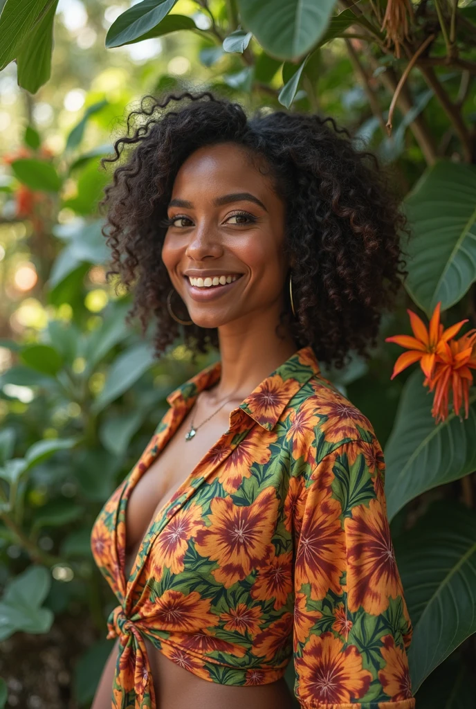 A Brazilian woman in a lush tropical garden, wearing an open shirt with a floral print, with a close-up capturing the harmonious beauty between her breasts and the natural flowers, showing off your natural charm and outgoing personality.