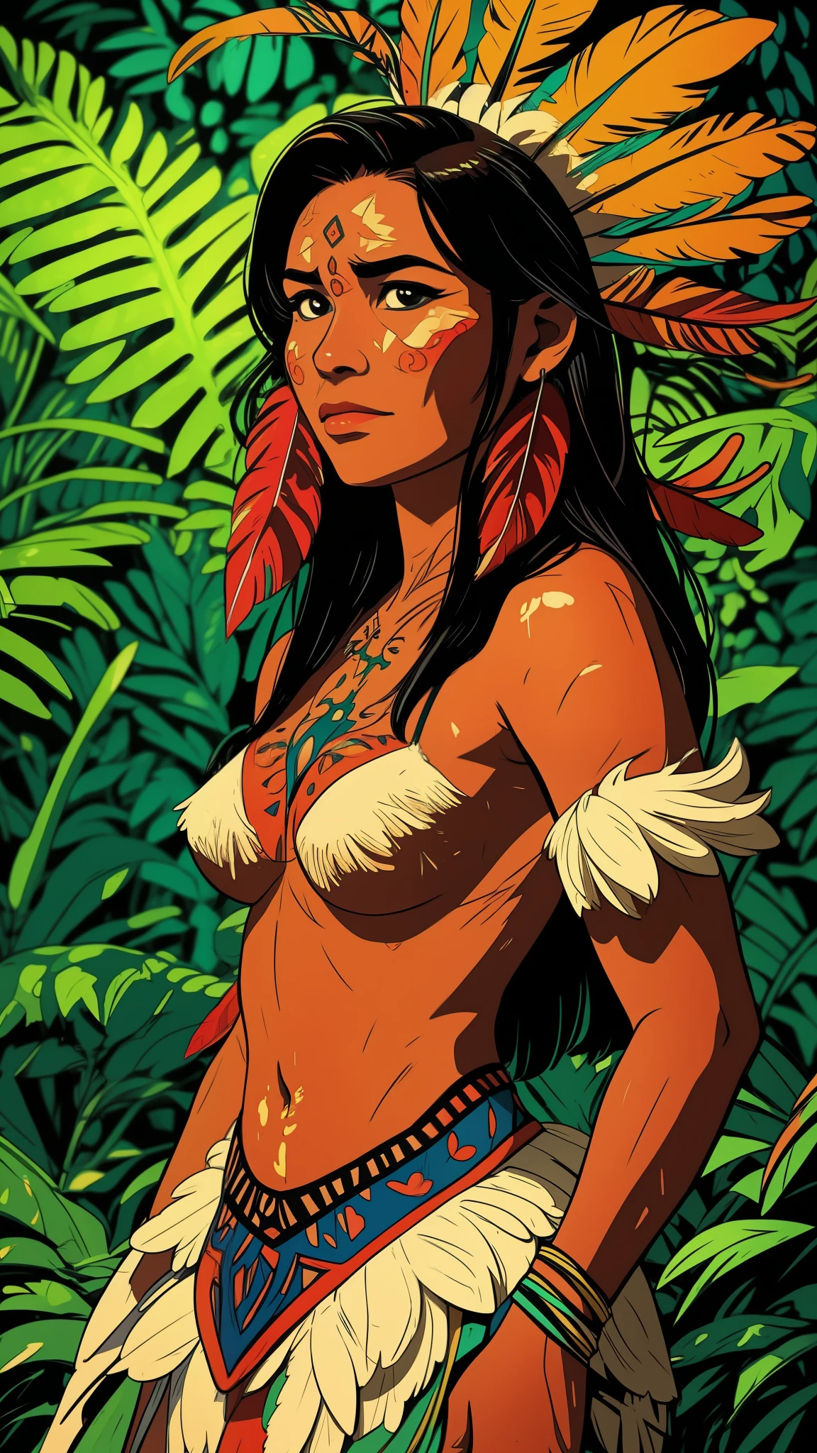 Arte em quadrinhos, pintura digital. A beautiful indigenous girl in native with feathers and feathers on her head, Amazonian indigenous peoples in Brazil, linda jovem feminina brasileira nativa, pintar o rosto, corpo quente, Yanomami Indian in typical costumes,alta qualidade. Amazon rainforest and river bottom. cores vivas, cinematic lighting. detalhado, intricado, detalhado face.