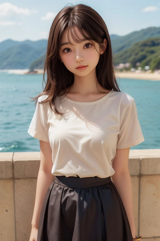 (cute face,brown eye: 1.3), (detailed face: 1.3), 1 girl, alone, blue sky, sea, short skirt, (Very detailed background: 1.0), (Very detailed background: 1.0),