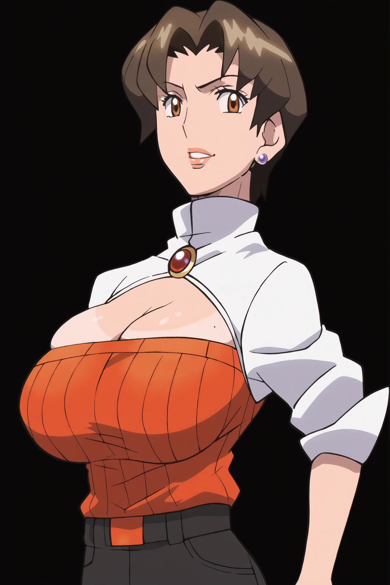 score_9, score_8_up, score_7_up,pokemon pokemon_(anime) pokemon_horizons coral_(pokemon) 1girl :d asymmetrical_legwear belt black_eyes black_footwear black_pantyhose black_s sagging_breasts cleavage huge_breasts bursting_breasts impossible_clothes skindentation cameltoe mole_on_breast, kumiSunohara, 1girl, mature female, short hair, brown eyes, earrings, lips,