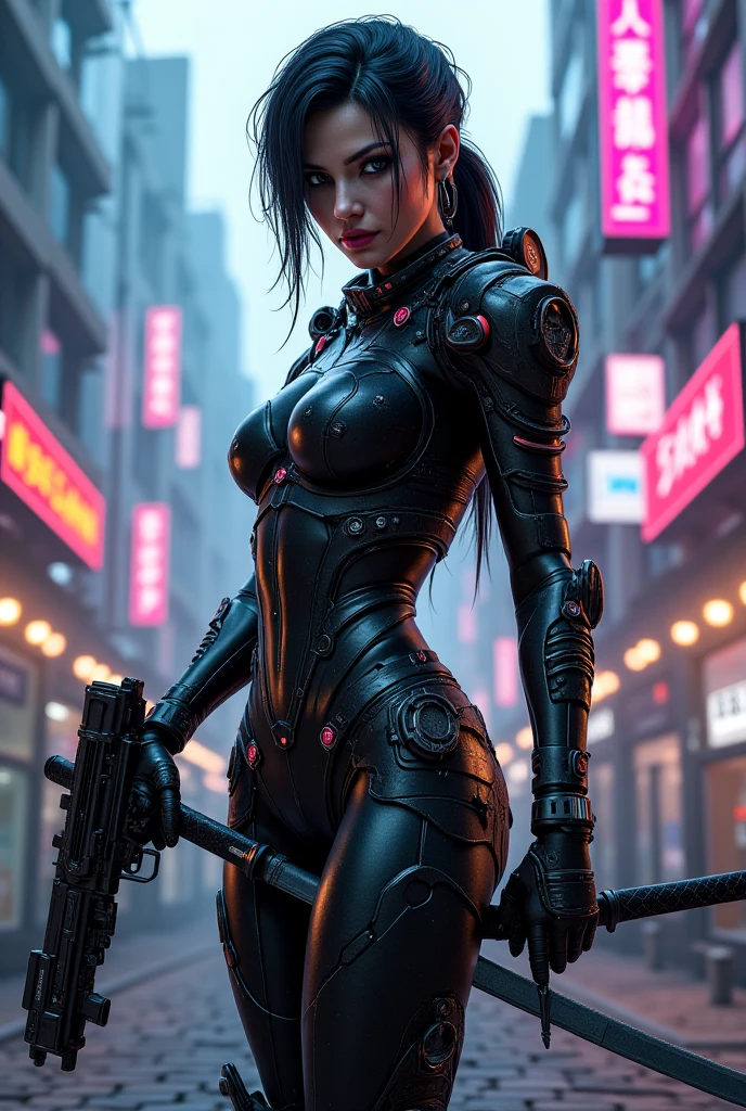 Make a cyberpunk-style girl do her using a futuristic katana and a gun