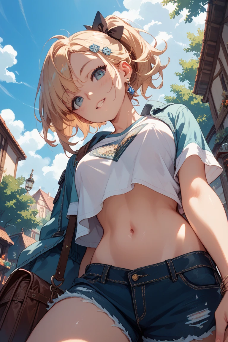 ((topless)), nsfw, masterpiece, 1 girl, erect nipples, nipples, navel, necklace, scottish kilt, smiling, hair ornament, bare breasts, bare stomach, sweaty, cowboy shot, small breasts, puffy nipples, hair ribbon, texts, bare arms, collarbones, blonde, flower crown, smiling, petite, flat chest, blue eyes, scottish skirt, small breasts, child, apple basket, farm, alpine, temperate, , slim waist, snowy mountain