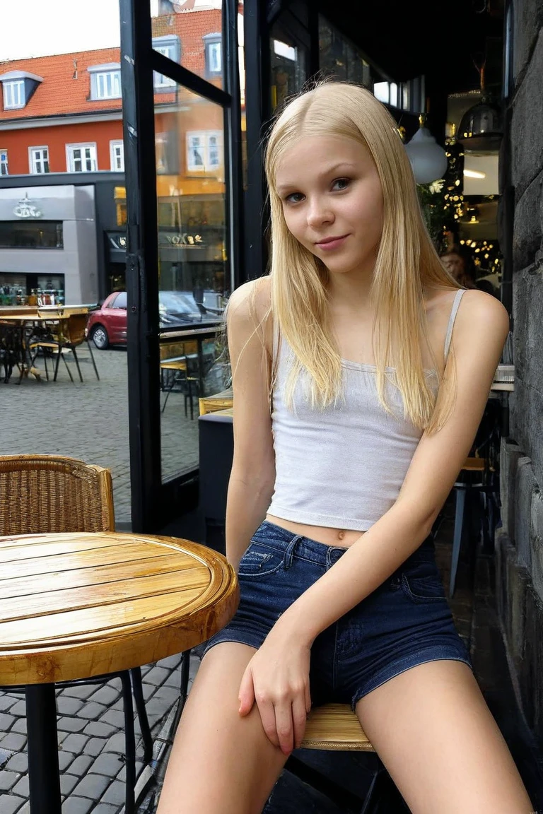 a sexy 16year old blonde girl, very beautiful face, cute facial expression, long blonde hair, grey blue eyes, looking at the viewer, naked, sitting on wooden bench, shot taken from the side, beautiful body, blurred background, highly detailed 