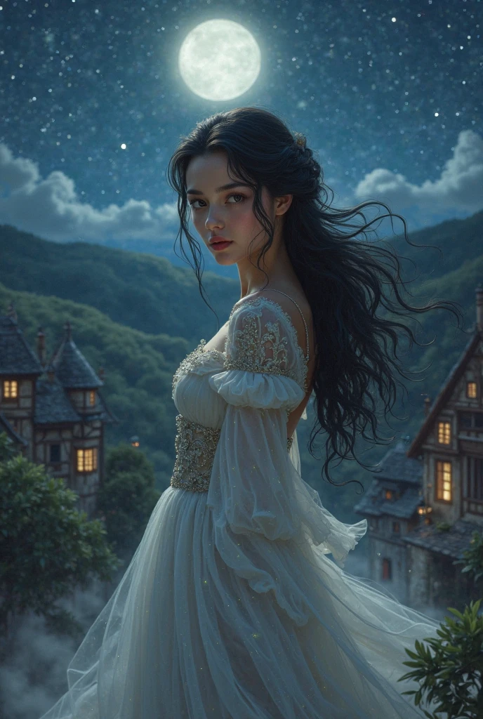 A simple princess with night hair and pale skin standing at night. Old Europe. 