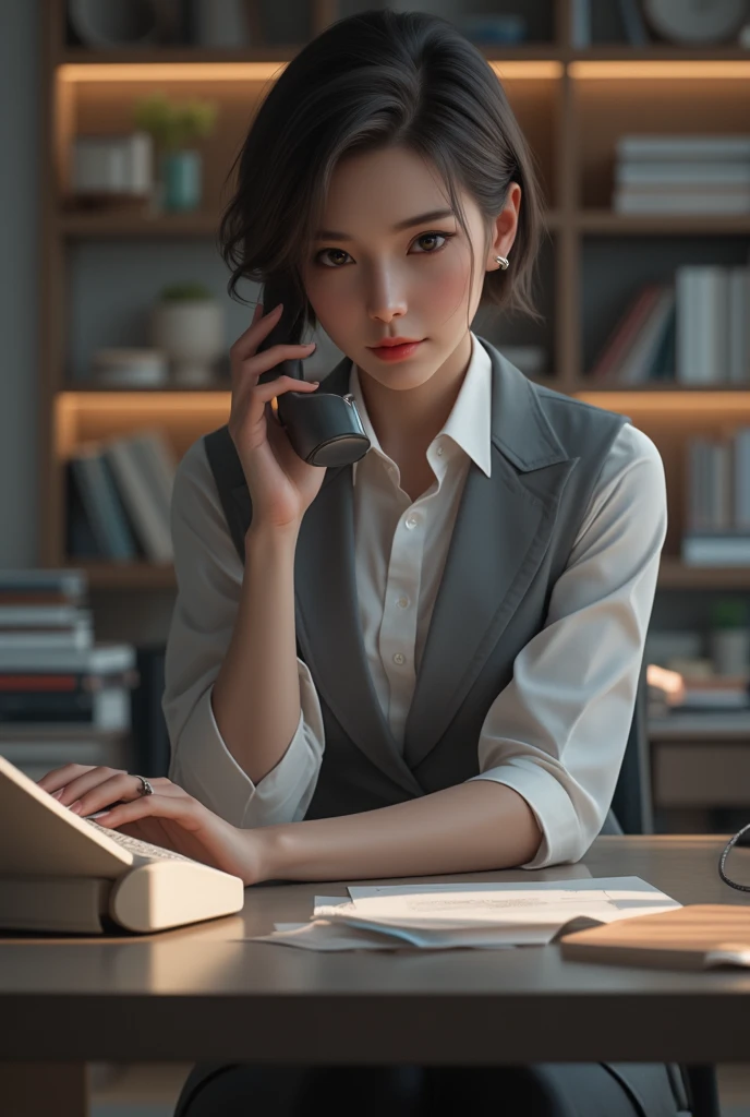 top quality, delicate touch ,woman calling at desk,office suit,Landline,smile,Data entry business