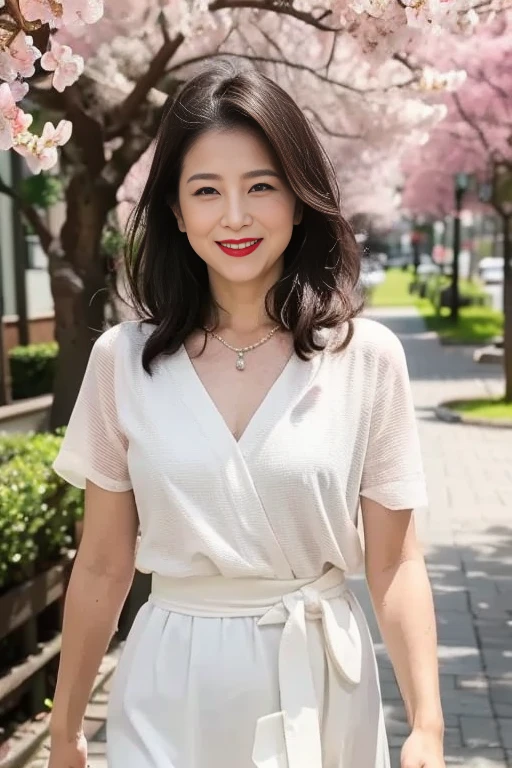 Standing in the park, Wrinkles around the eyes, Smiling with teeth showing, Plain short-sleeved clothing, senior citizen, Draw lips correctly, Red lipstick, No discomfort, 16K, Highest quality, Very detailed, Realistic, Very detailed肌, (Japanese), (alone), 100 years old, Large Breasts, , Glamour, sexy, Chromo White Skin, Staring straight ahead,