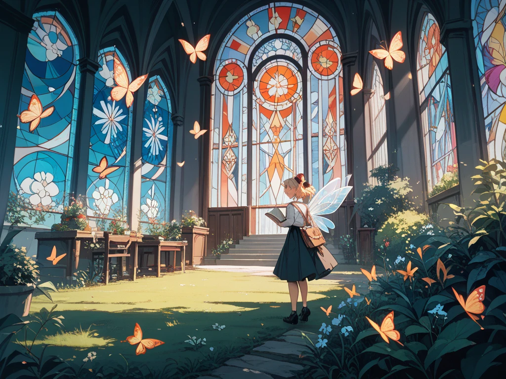 Coloring book、Black and White、HoushaSen stained glass style、A field overgrown with plants、Morpho butterflies in the center、Fairies around it