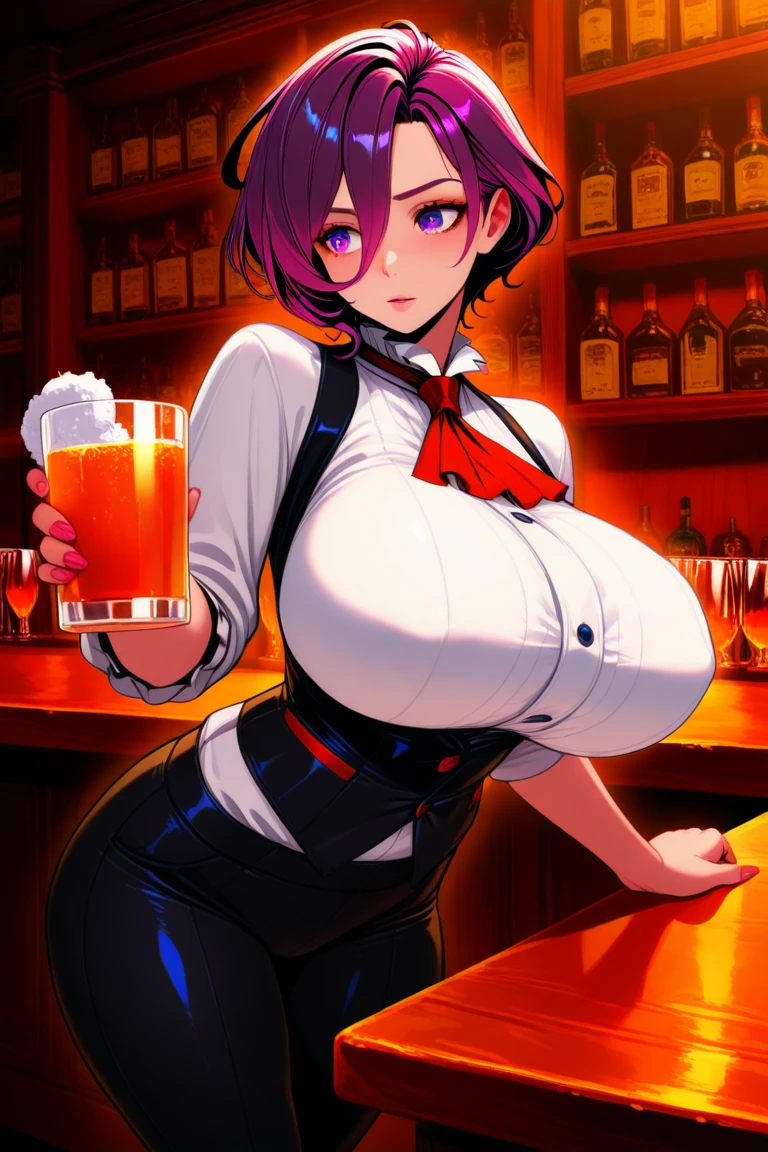 (8k, hd, Highest quality, detailed), human, (female, detailed_face, red hair, )++, yellow eyes, (reverse_bunny_suit, fishnets)+, wide hips, big breast, saggy breast, big beautiful nipples, heart-shaped pasties on cunt, pose, seductive , lewd expression, earrings, club+, (holding beer tray)++, men around,
