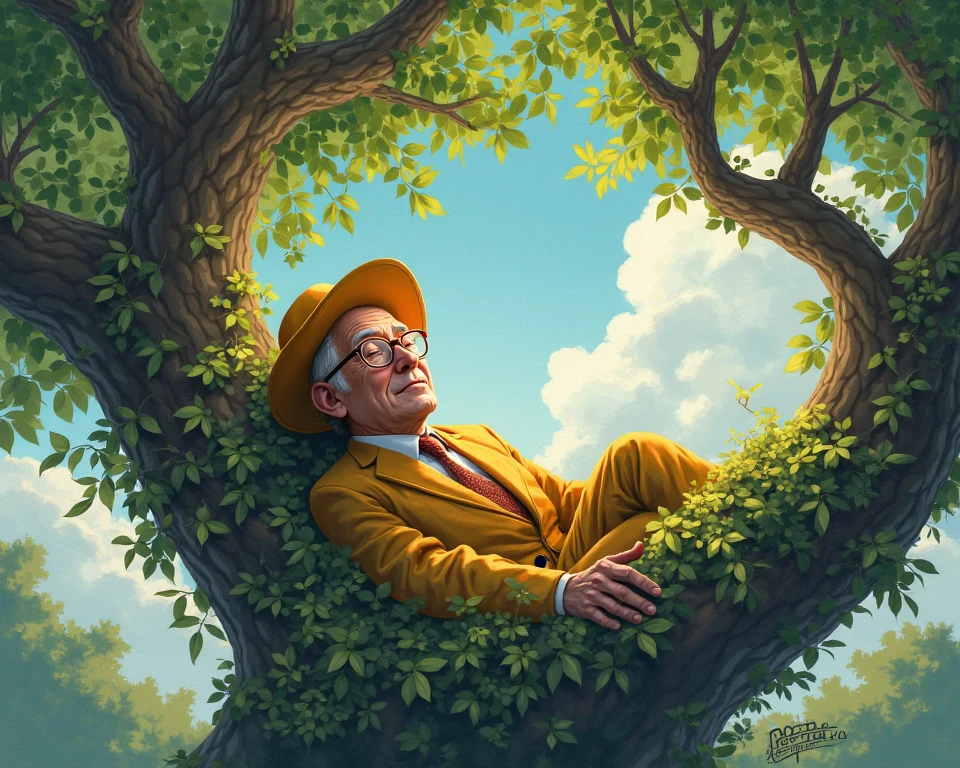 Man in big gold glasses hat sleeps in tree