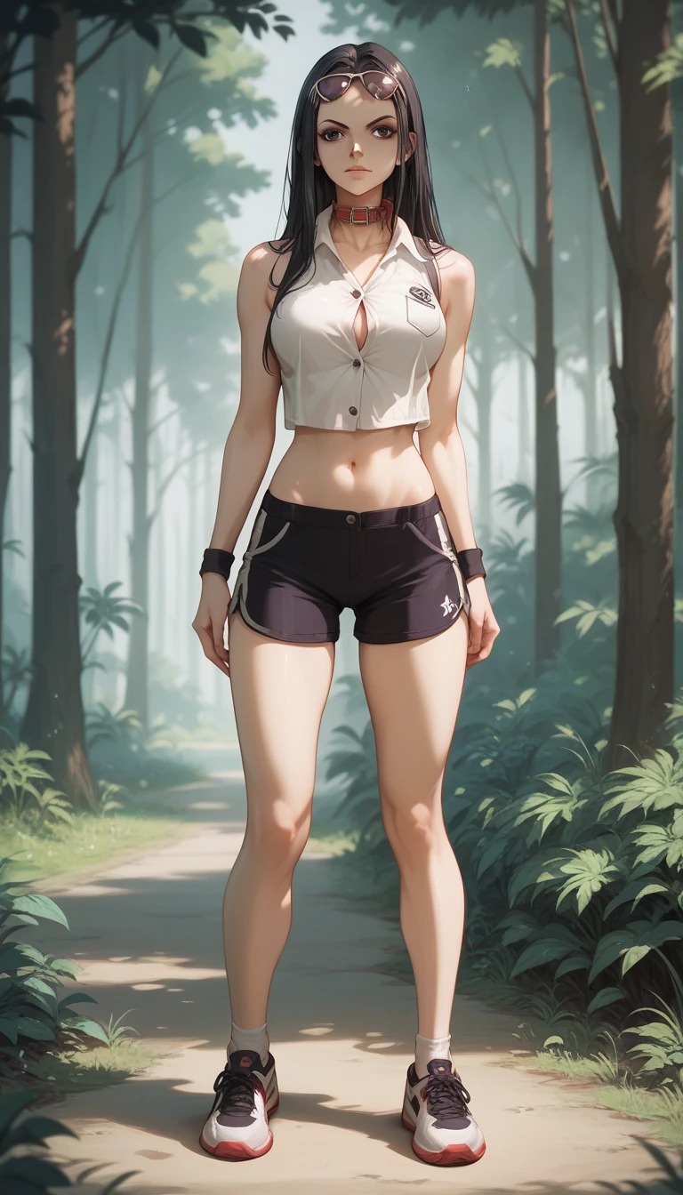 Mulher Arafed caminhando em uma rocha em uma floresta, aventura render hiper realista, standing in the forrest, sport bra and shorts, desfrutando de um passeio na floresta, que caminha na floresta, tom de pele natural 4k texturas, mulher curta robusta, standing in the forest, DAZ 3D, Cinematic Goddess Body Shot, DAZ 3D, DAZ3D