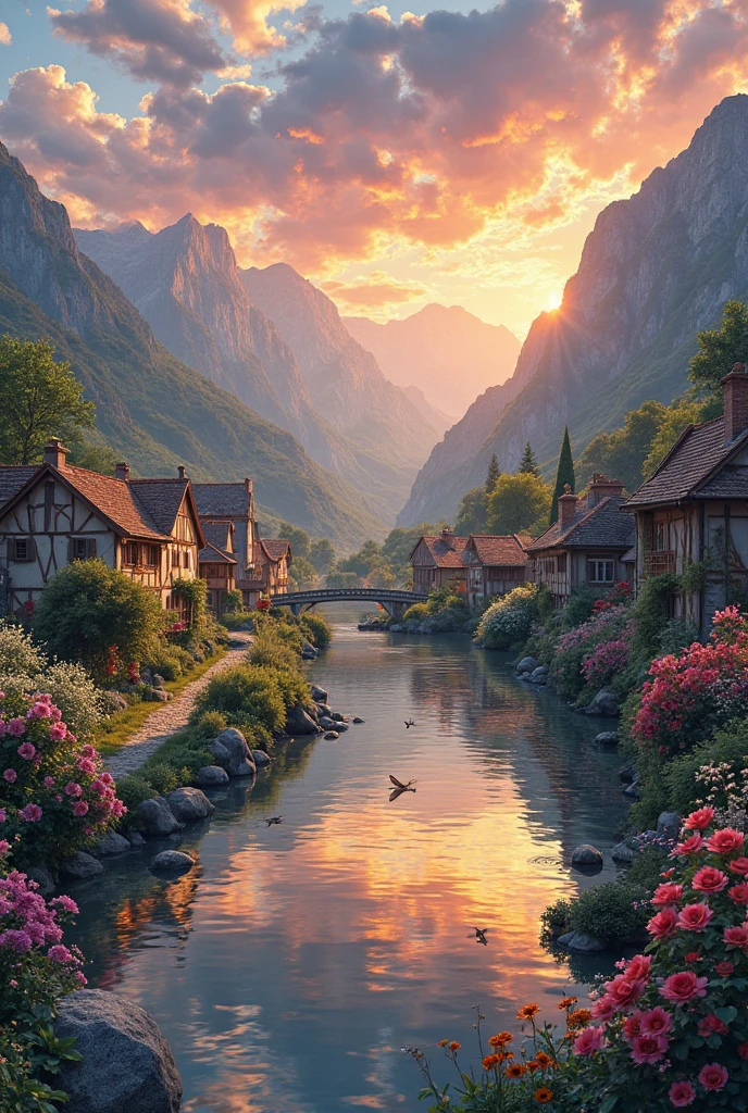 a small village by the river, mountains in the background, floral flowers colorful, detailed landscape, Beautiful natural landscapes, atmospheric lighting, scorching sunset, warm colours, practical, photopractical, Detailed Foliage, complex buildings, cobblestone street, Charming country house, swirly vibrant colors, lush vegetation, Still water reflections, Picturesque, idyllic, work of art, best qualityer, 8k, extremely detaild,anime styling
