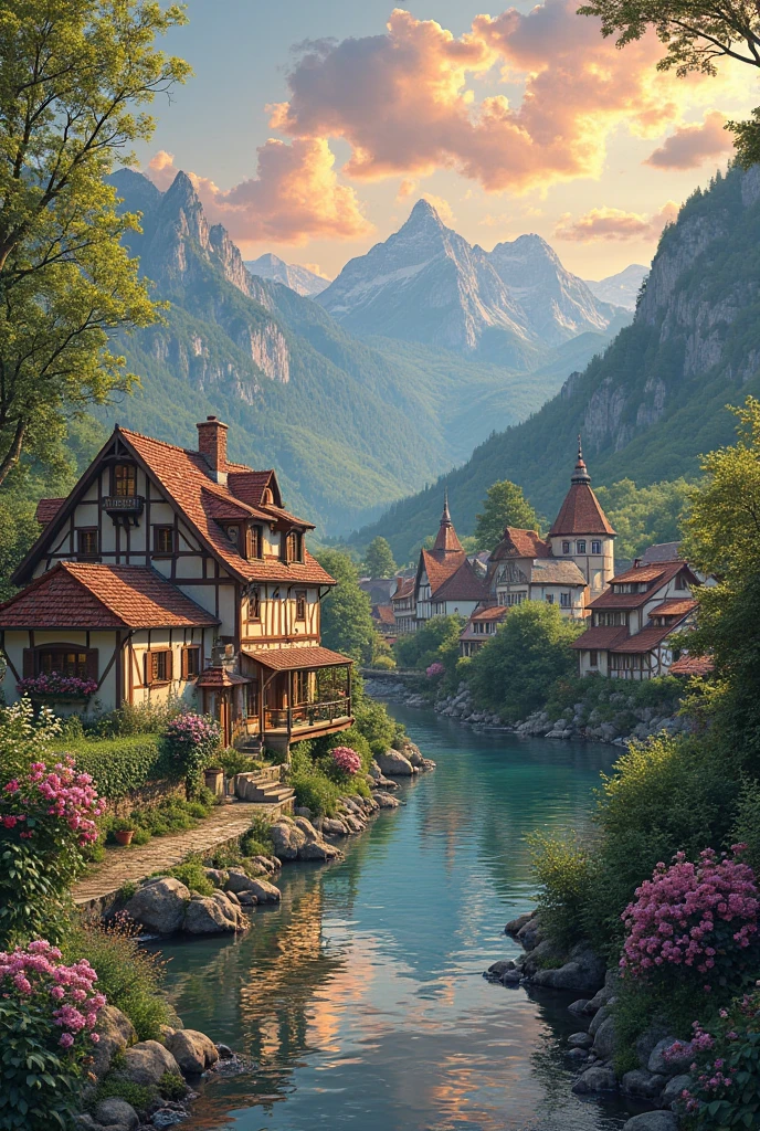 a small village by the river, mountains in the background, floral flowers colorful, detailed landscape, Beautiful natural landscapes, atmospheric lighting, scorching sunset, warm colours, practical, photopractical, Detailed Foliage, complex buildings, cobblestone street, Charming country house, swirly vibrant colors, lush vegetation, Still water reflections, Picturesque, idyllic, work of art, best qualityer, 8k, extremely detaild,anime styling