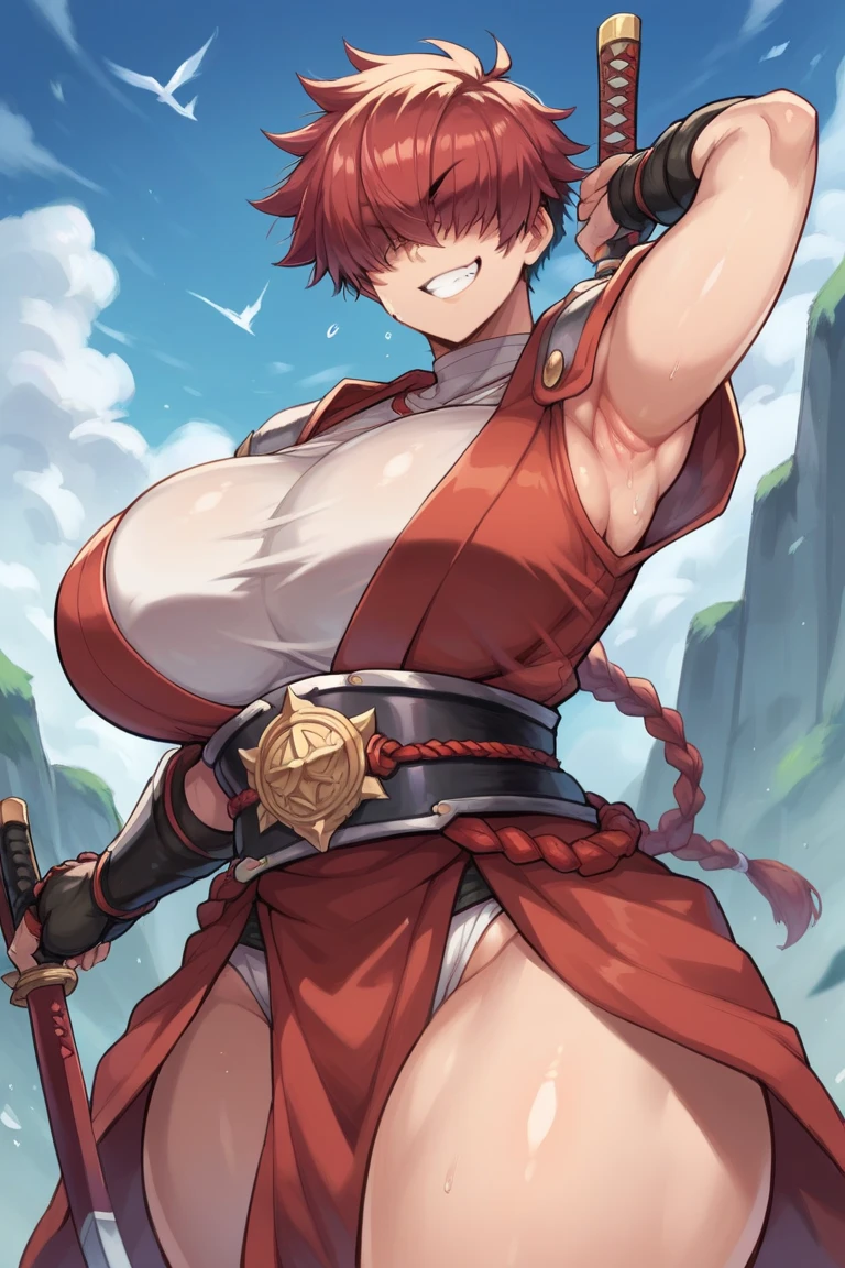 girl,huge breasts,short hair,crimson hair,smile,open your mouth,have a sword,warrior,dutch angle,close to the viewer,in the meadow
