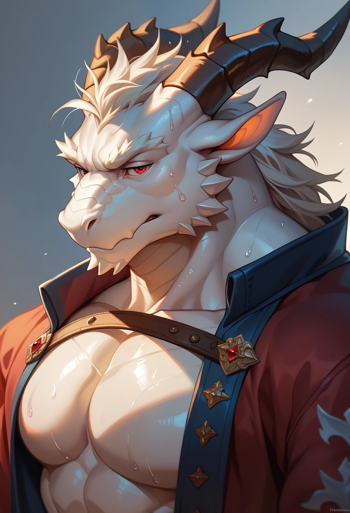 dragon,White body, scale , male,furry,( red eyes), scale , handsome,simple background, unhappy,Strong,muscles,sweat,medieval, mature,facial details, detailed eyes,