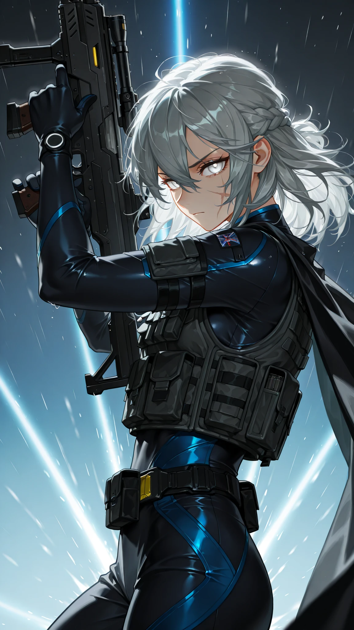 by [arknights|(748cmstyle:0.5)], god rays, cinematic shot, mature, young adult, masterpiece, best quality, amazing quality, very aesthetic, high resolution, ultra-detailed, absurdres,
(1girl, solo:0.55), alone,(from side, upper body focus, action shot, three quarter view, dynamic shot, dynamic pose, movie wallpaper, cowboy shot:1.2),HoSenti, medium hair, gray hair, braid, white eyes, futuristic Mirror's Edge city, High Tech America, white eye, hair between eyes, dramatic pose, supersoldier, armored vest, kevlar, Arasaka soldier, secret agent, holding gun, futuristic SCAR-L, science fiction rifle, laser rifle, cyberpunk clothes, modern clothes, side cape, rainy, wetsuit,  glaring at viewer, novuschroma79 style, glitch art photo, BREAK, depth of field, volumetric lighting 
 