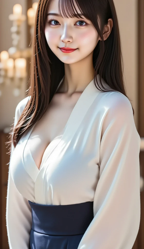 (masterpiece), (Best image quality), 8K resolution, Supermodel body type, (((realism))), 22 years old、 Small face, No makeup、Beautiful Face, Beautiful and beautiful eyes, Big Breasts, 、Silk dress、Sexy pose、One Woman