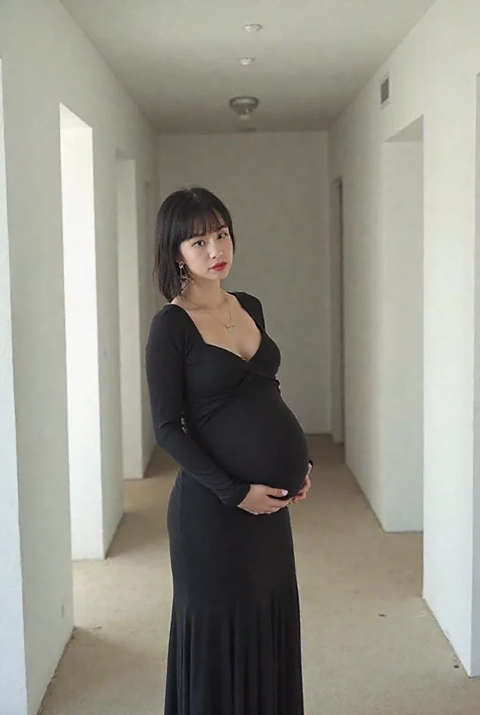 (((masterpiece))), (((highest quality: 1.4))), ((Super detailed: 1.4)) ,ulzzang-6500-v1.1,  (RAW Photos:1.2), (Photorealistic), Beautiful details, (Genuine: 1.4), One woman、((pregnant))、Very detailed目と顔, Beautiful and fine details, Standing in the office、(Sleeveless high neck sweater、Knee-length flared skirt:1.3)、(Ultra-realistic pantyhose:1.6、High heels)、Stand with your legs crossed、Large file size, High resolution, Very detailed, highest quality, [masterpiece:1.6], Awareness-raising, Very detailed, Hmph, In detail, highest quality, 8k wallpaper, Cinema Lighting, One mature woman, 43 years old, Perfect figure, Cute droopy eyes、Beautiful big eyeastepiece)), highest quality, One mature woman, eye shadow, Portraiture, ((Full Body Shot:1.12))、(A very loving smile:1.2)、 (Random Porn Pose), Natural Skin Shader, Volumetric, Warm shades beneath her skin,