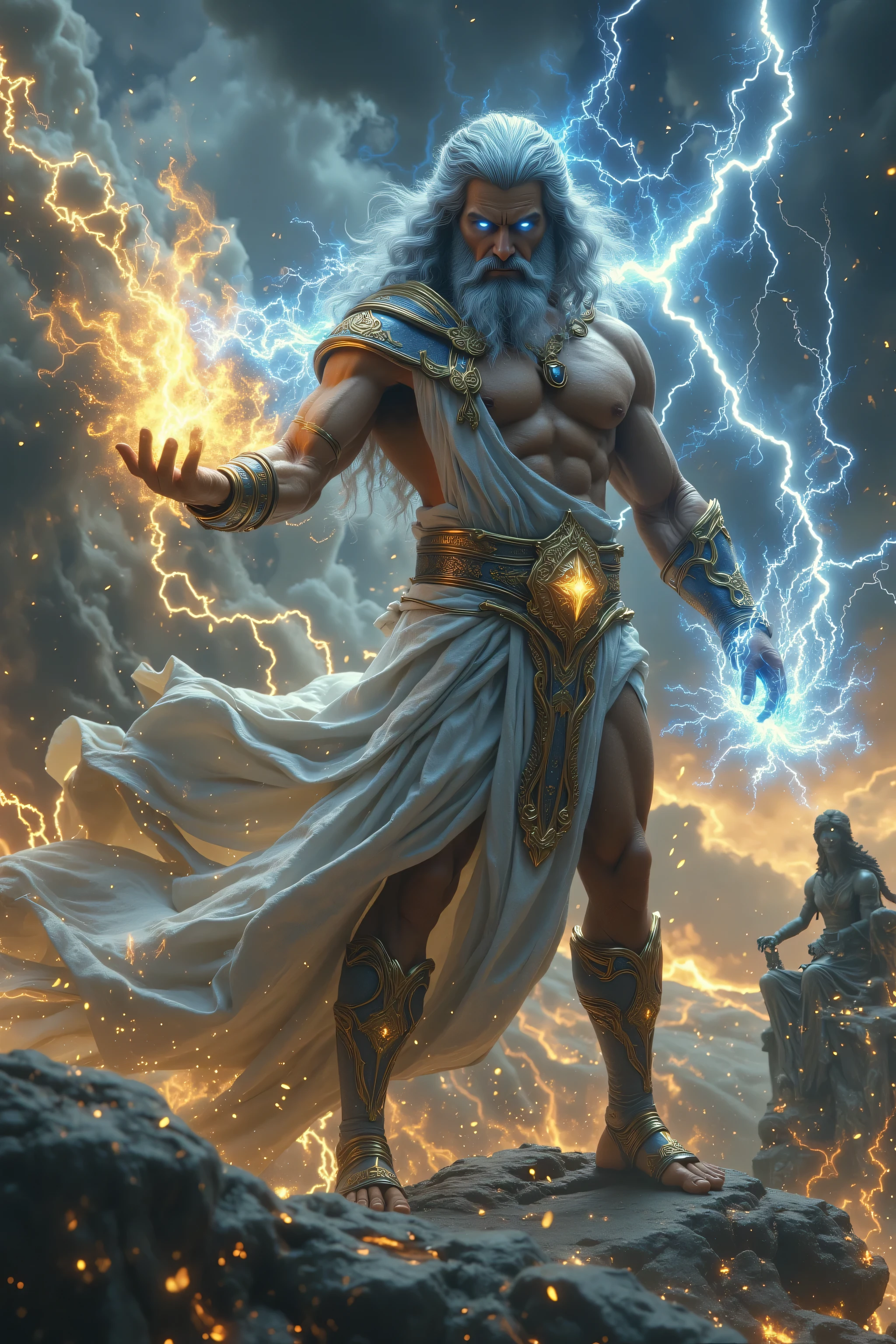 Ultra-realistic, hyper-detailed portrait of Zeus, the king of gods, standing atop Mount Olympus, wearing a flowing white and gold toga, muscular build, long wavy silver hair and beard, intense piercing blue eyes, holding a glowing lightning bolt in one hand, surrounded by storm clouds and flashes of lightning, majestic throne in the background, ethereal glowing light, cinematic lighting, fantasy art, 8K resolution, divine and powerful atmosphere.
