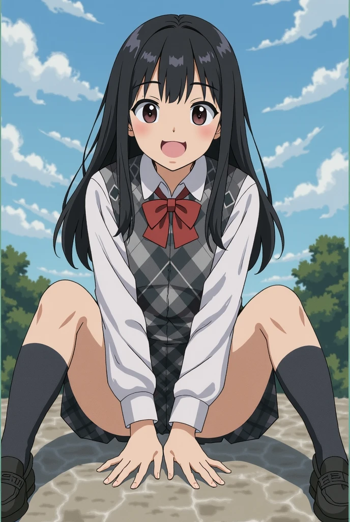 highest quality, Ultra-high resolution, (Realistic: )2D official style cel animation,((Sitting Girl))Grey Check Mini Skirt,summer shirt,(Lace panties),loose socks,sneakers,Full body portrait,(chiyoko sonoda),Station stairs,sunny,Embarrassed face,from the front