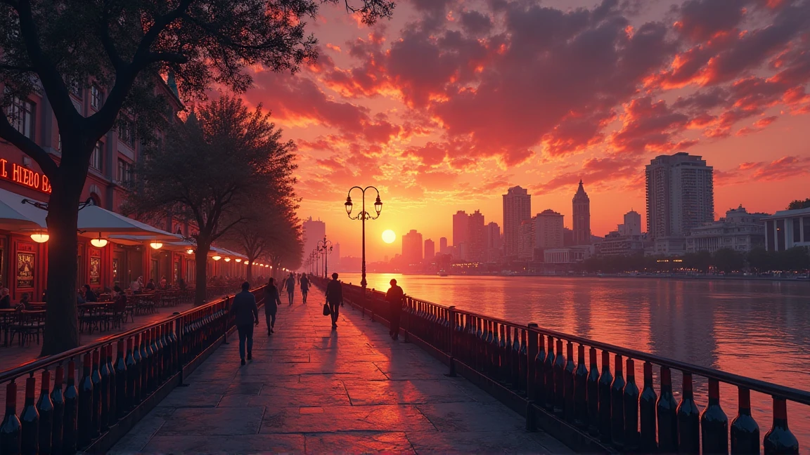 「Buenos Aires sky with a wine-colored sunset。Silhouettes of tango bars float in the distance、Wine bottles line the riverside road。Scenery where silence and passion mix。」