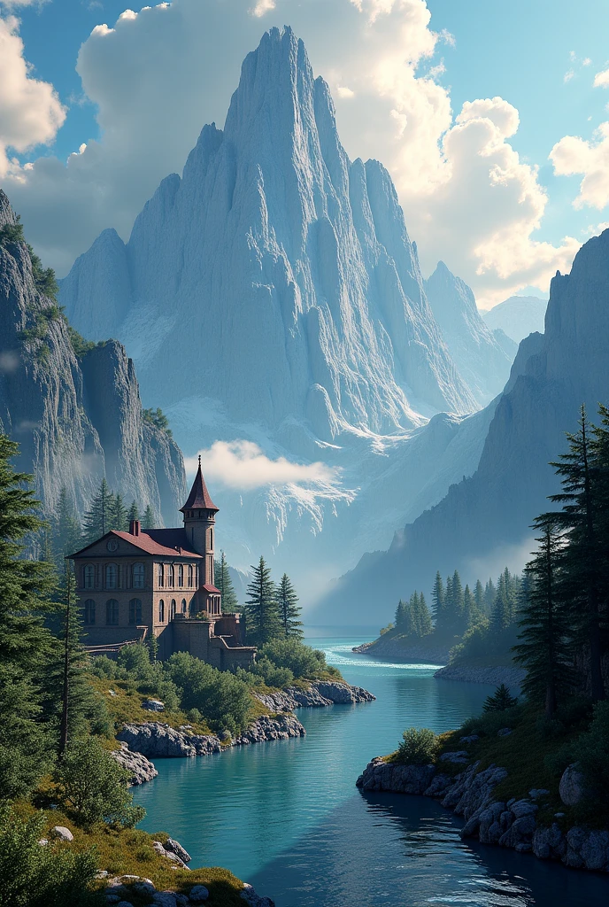 Sur une table, un plateau avec dessus un paysage montagneux avec une rivière et un vieux village abandonné en 3D , photo réaliste , décor  l espace nébuleuse 