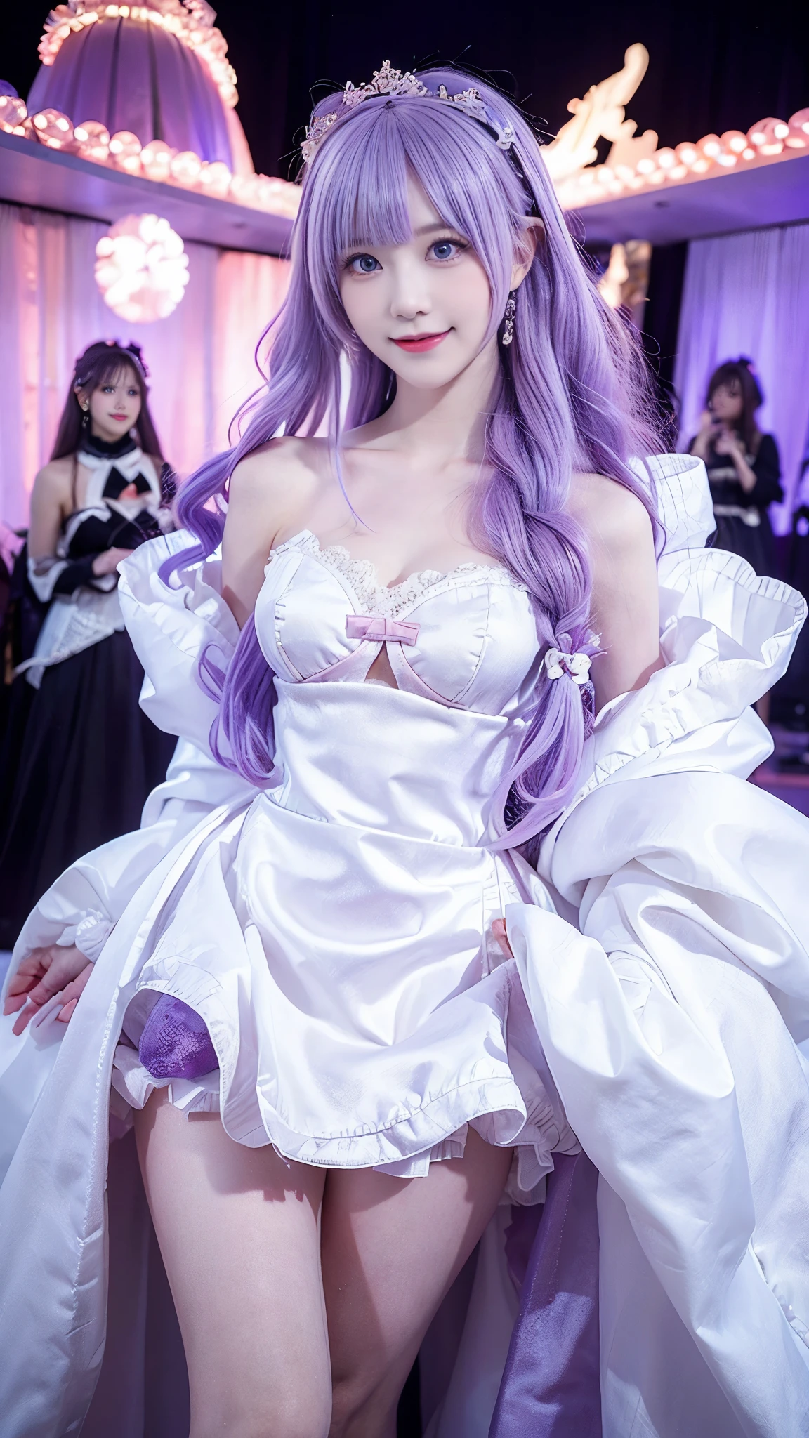   beautiful princess on the battlefield,     Light pink hair    ,    beautiful eyes,    Smile,  actual , Full HD,   very nice dress ，milky white puffy dress ， Curved Body，Magnificent views ， gorgeous decoration ，purple cloth bag