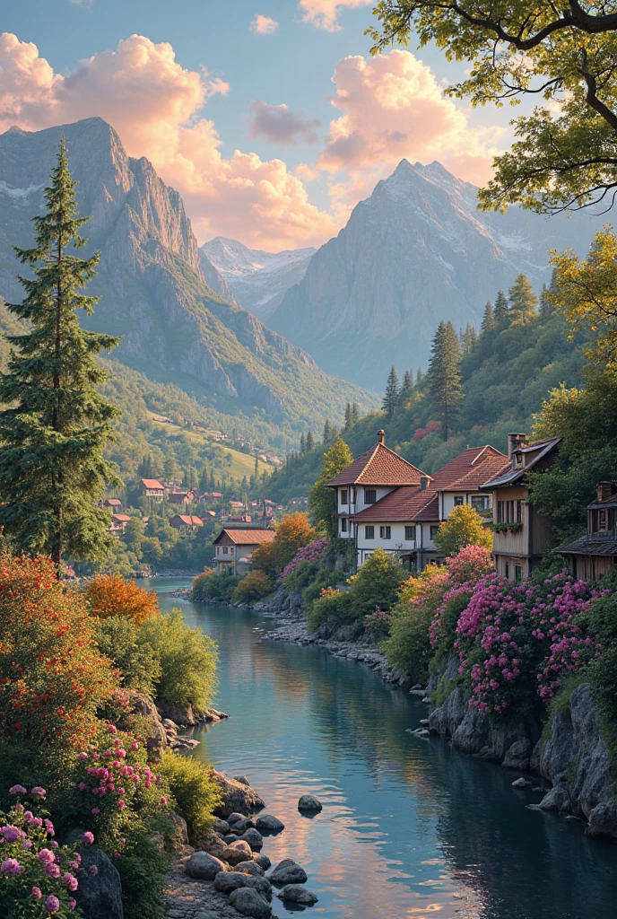 a small village by the river, mountains in the background, floral flowers colorful, detailed landscape, Beautiful natural landscapes, atmospheric lighting, scorching sunset, warm colours, practical, photopractical, Detailed Foliage, complex buildings, cobblestone street, Charming country house, swirly vibrant colors, lush vegetation, Still water reflections, Picturesque, idyllic, work of art, best qualityer, 8k, extremely detaild,anime styling