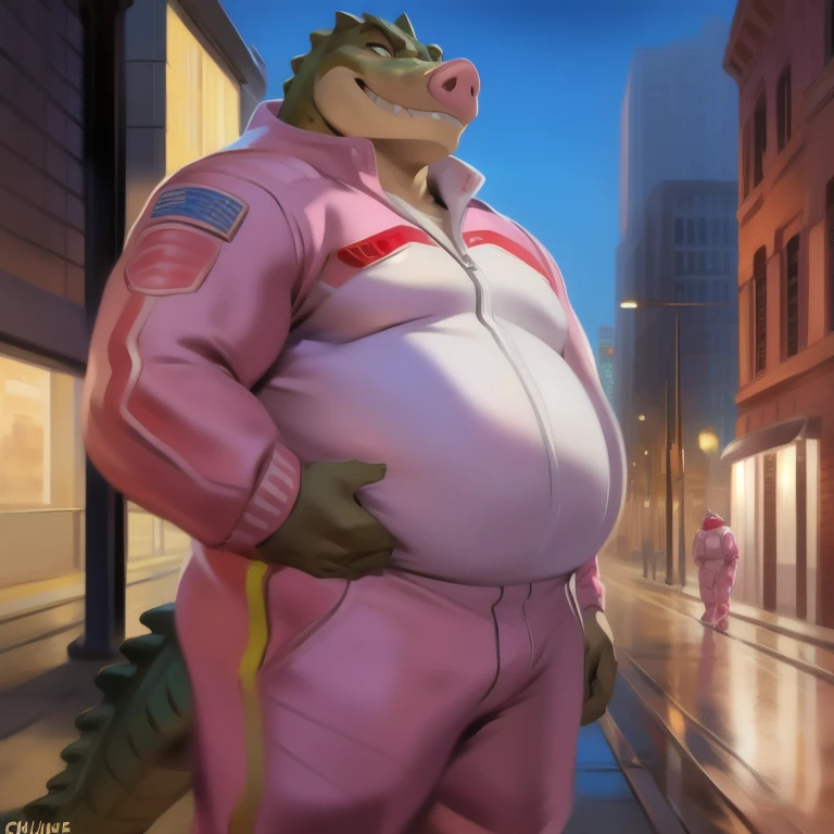 Solo, male, standing, alligator, rape face, hungry expression, grey skin, pink skin, big face, fangs, blep, thick tongue, green eyes, detailed eyes, overweight, flabby, big, massive, giant, fat, big arms, by chunie, by darkgem, by dramamine, by glitter trap boy, long legs, street, no shirt, detailed speedo, big underwear bulge